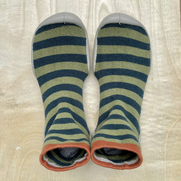 Chaussons Collégien coton recyclé - Rayures Kaki/Vert (photo 1/5)
